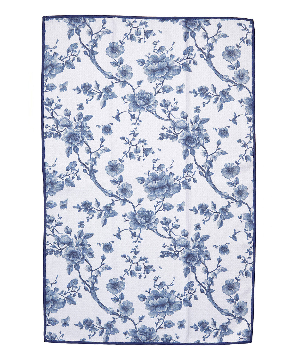 A rectangular white towel or cloth featuring a blue floral toile pattern with a solid blue border, shown flat against a white background.