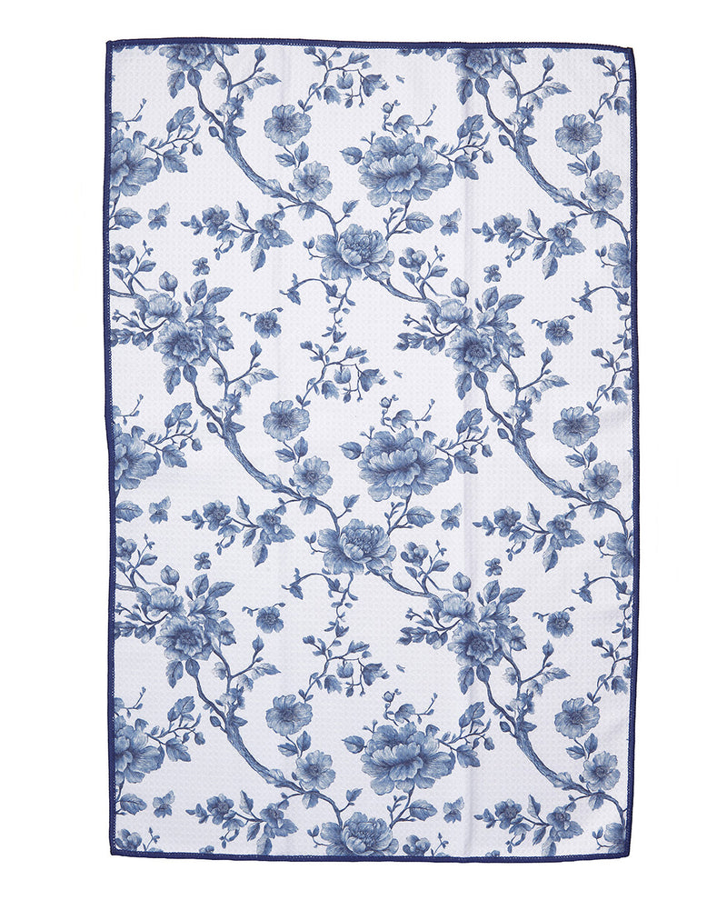 A rectangular white towel or cloth featuring a blue floral toile pattern with a solid blue border, shown flat against a white background.
