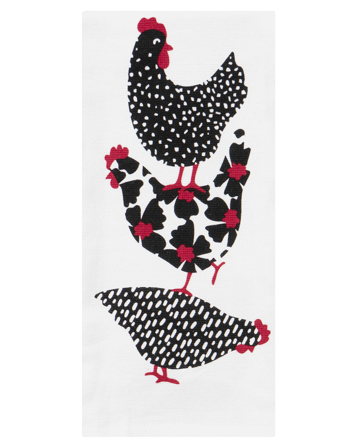 A white kitchen towel featuring a stylized pattern of three black chickens with white spots and red accents, set against a plain white background.