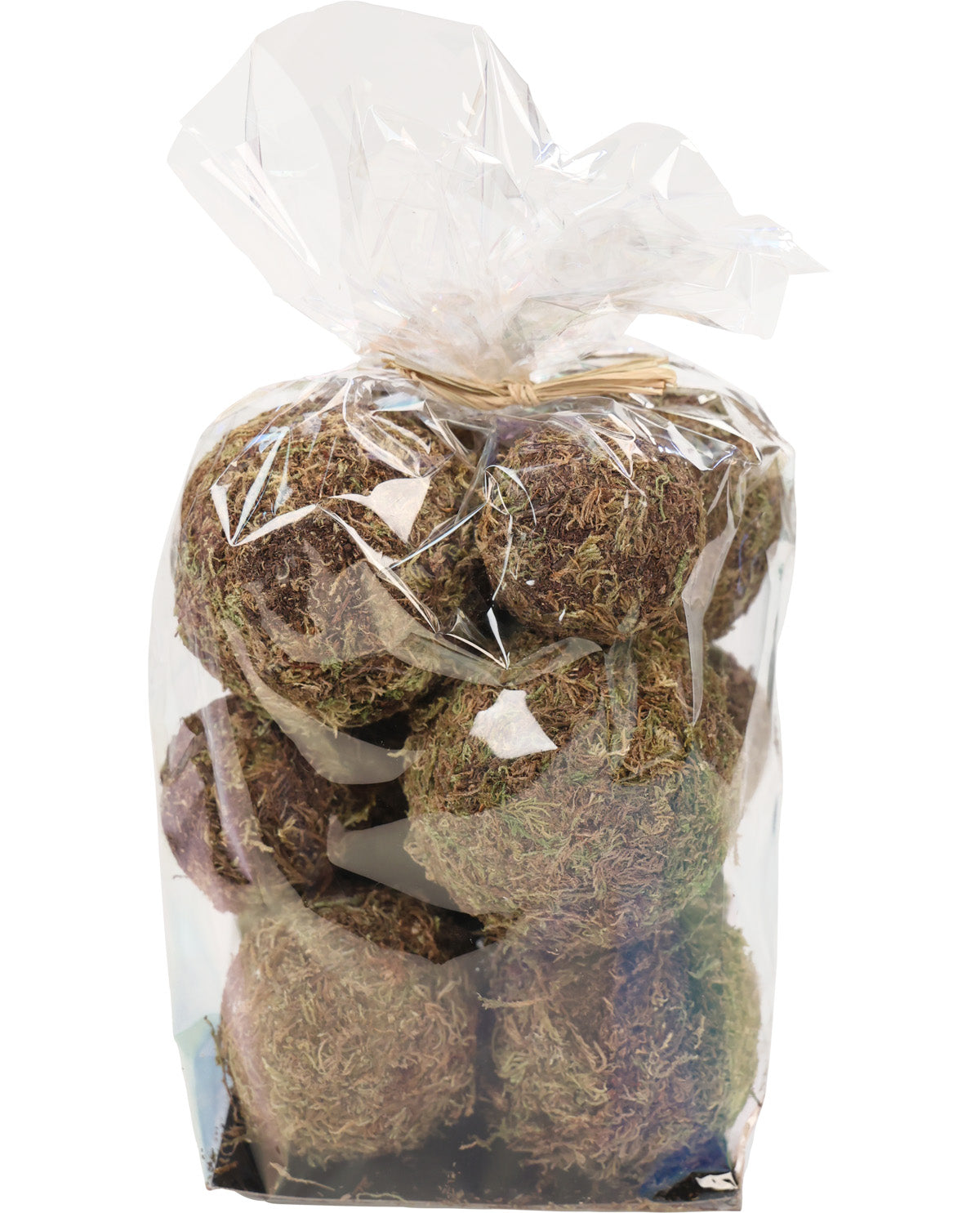 A clear plastic bag filled with several mossy, brownish-green round balls, tied at the top with a translucent cellophane seal, shown on a white background.