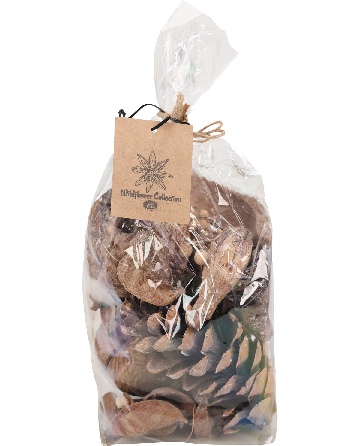 A clear plastic bag filled with natural brown pinecones and dried botanicals, tied with twine and a kraft paper tag reading 'Wildflower Collections', on a white background.