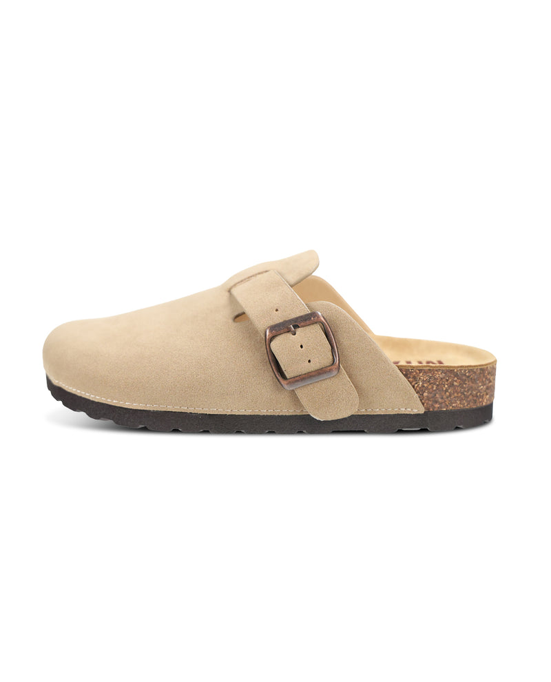 A single beige suede clog-style mule sandal with a wide adjustable strap and a square metal buckle, shown in side profile on a plain white background.