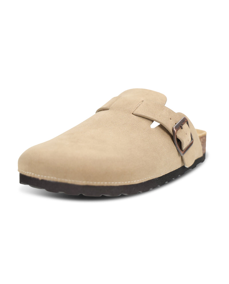 A single beige suede clog-style mule shoe with a dark sole and adjustable strap buckle, shown on a plain white background.