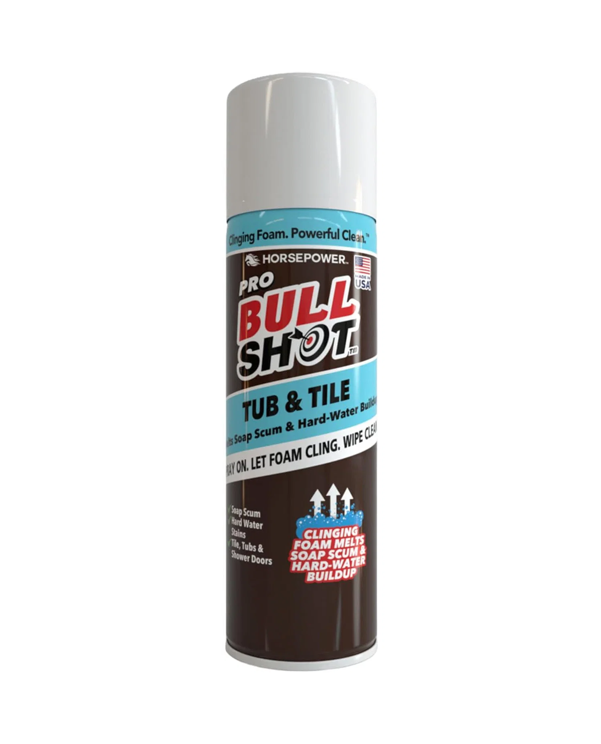 A can of Pro Bull Shot Tub & Tile cleaning foam spray on a plain white background. The can features a white cap, a dark brown lower section, and a light blue upper section with red and white branding.