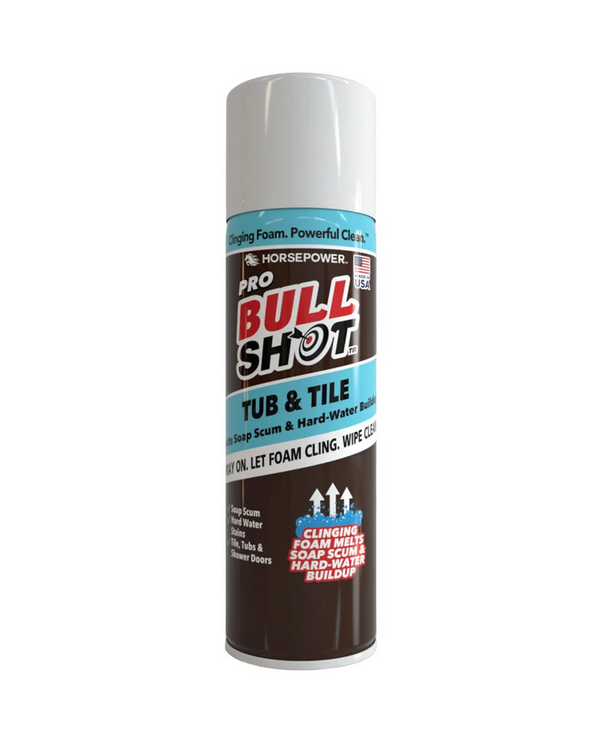 A can of Pro Bull Shot Tub & Tile cleaning foam spray on a plain white background. The can features a white cap, a dark brown lower section, and a light blue upper section with red and white branding.