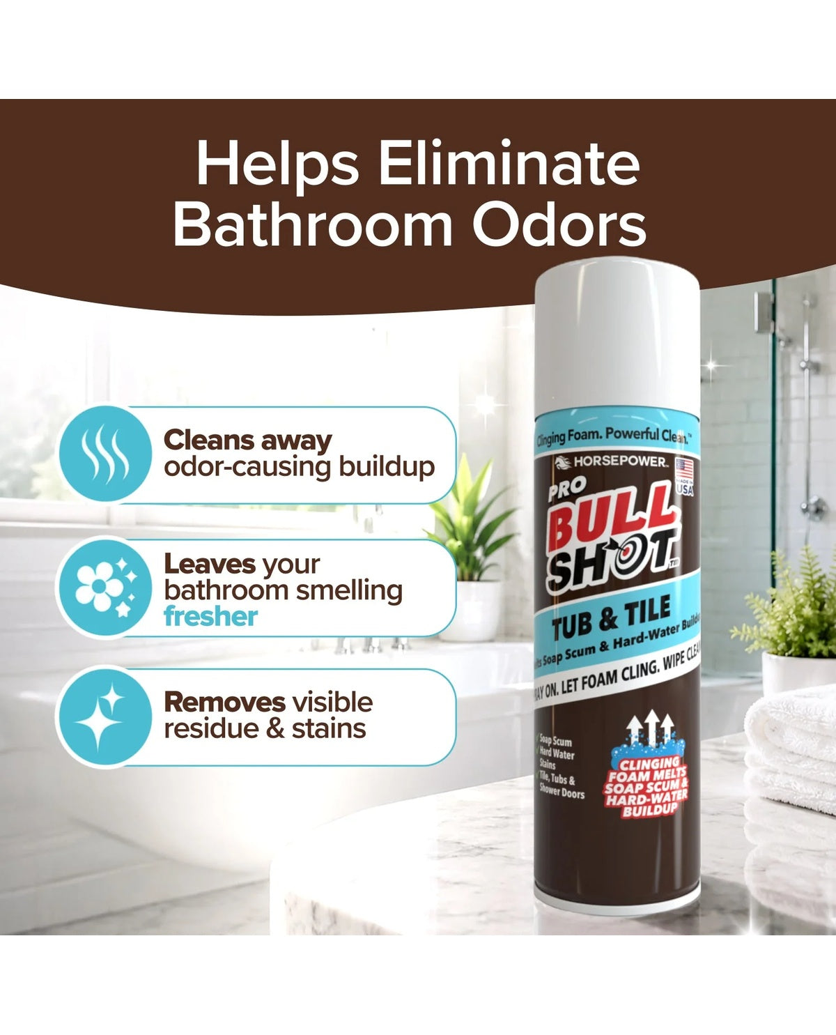 A can of Bull Shot Tub & Tile stands on a bathroom counter next to a bathtub, with promotional text on the left and a bathroom background. The can is white and dark brown with blue and red branding.