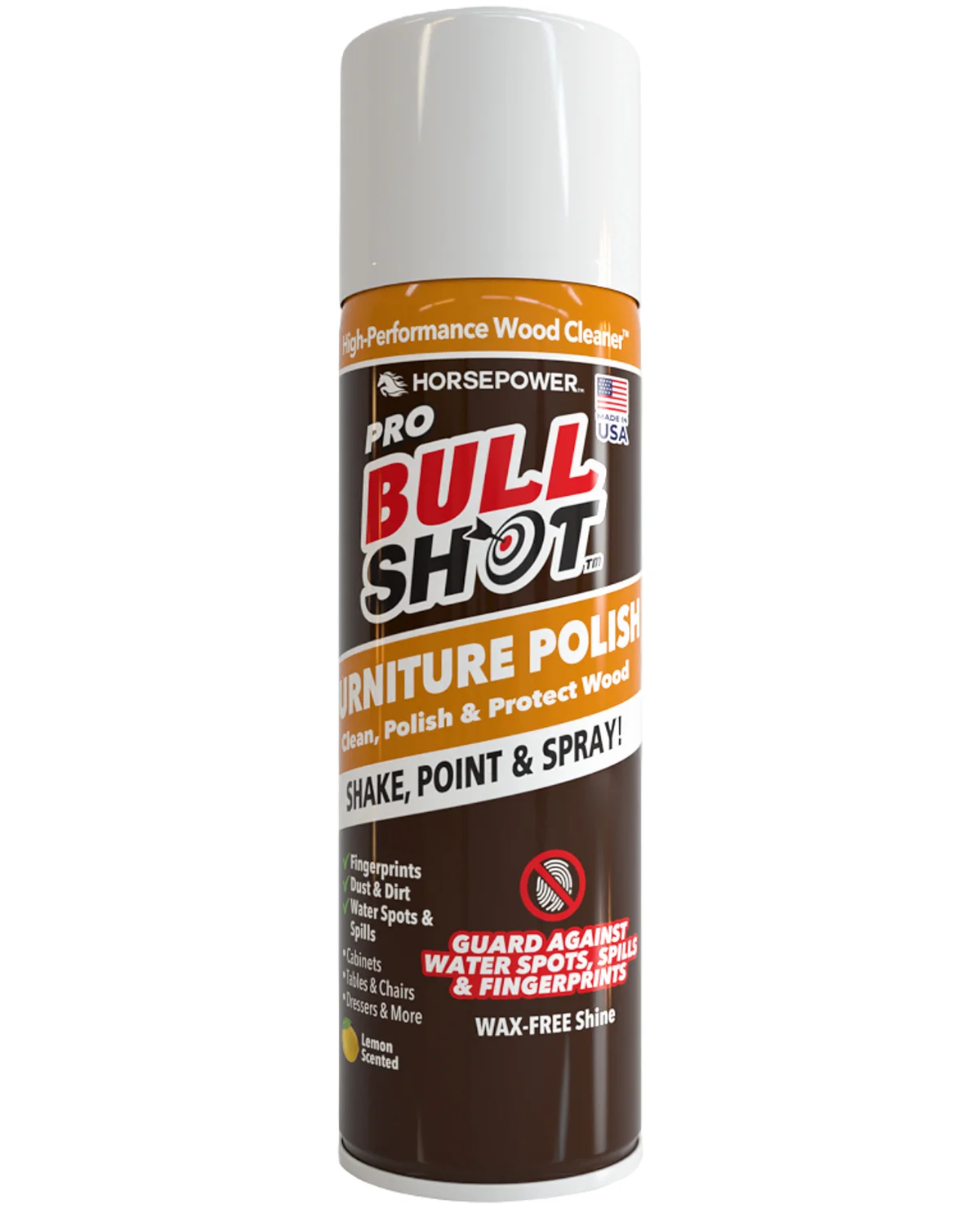 A can of Horsepower Pro Bull Shot Furniture Polish on a solid white background. The can features a white cap, a dark brown label with red, white, and orange text, and a silver base.