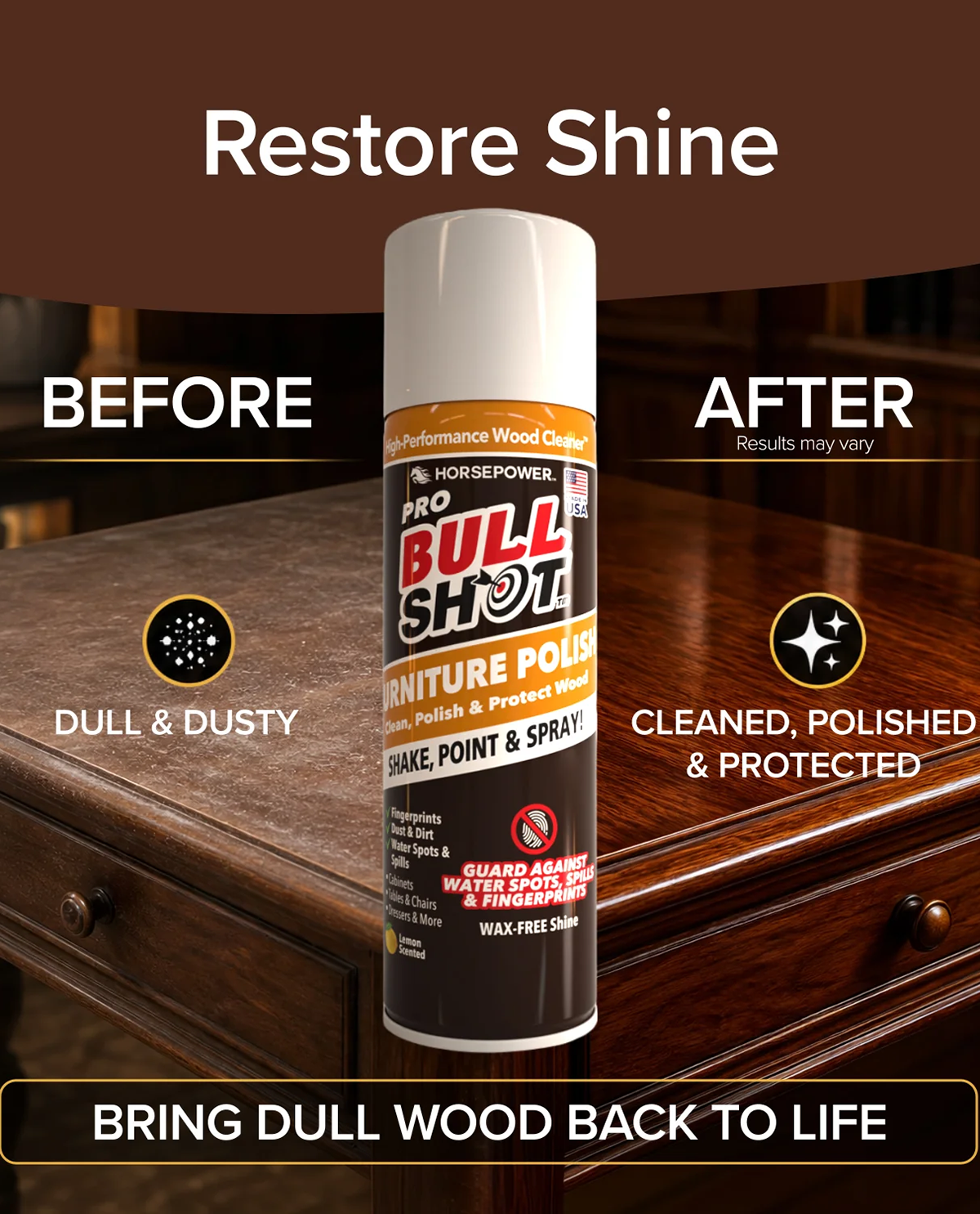 A can of Pro Bull Shot Furniture Polish is centered over a polished wooden cabinet, with before/after text and icons showing dull vs clean wood finish. This is a promotional composite rather than a plain product-only studio shot, but it still primarily shows the product being sold, so Product/Packaging fits better than Lifestyle or Other.