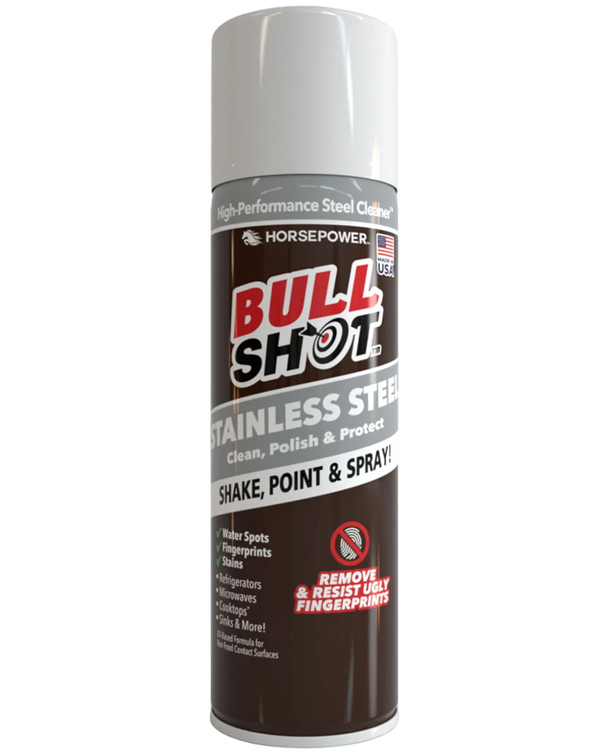 A can of Bull Shot Stainless Steel Clean spray on a plain white background. The can has a white cap, a dark brown label with red and white branding, and silver text and bands.