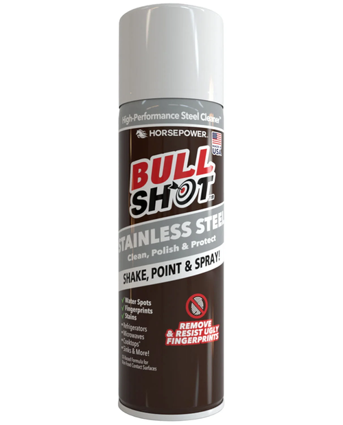 A can of Bull Shot Stainless Steel Clean spray on a plain white background. The can has a white cap, a dark brown label with red and white branding, and silver text and bands.