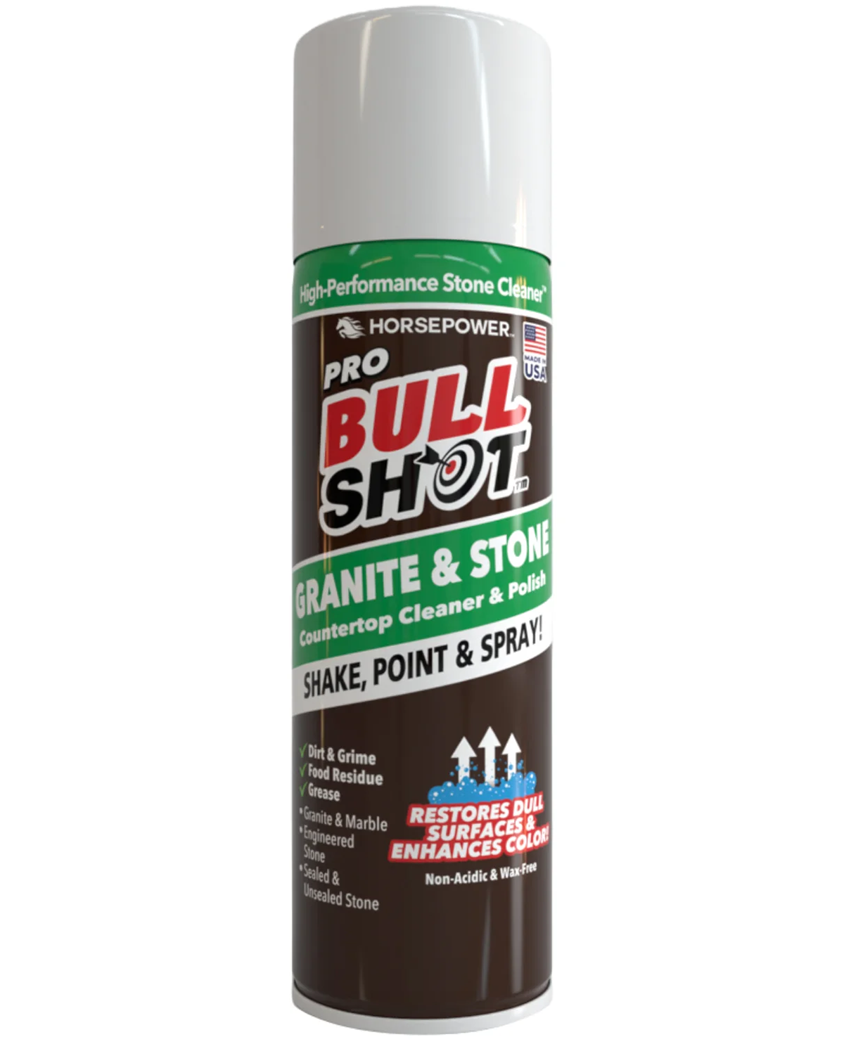 A can of Pro Bull Shot Horsepower Granite & Stone countertop cleaner and polish, featuring a white cap and a brown, green, and red label.