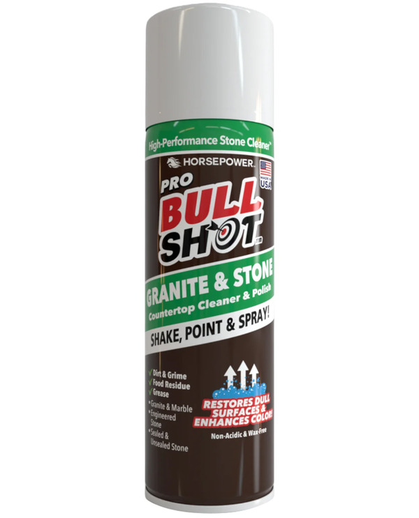 A can of Pro Bull Shot Horsepower Granite & Stone countertop cleaner and polish, featuring a white cap and a brown, green, and red label.