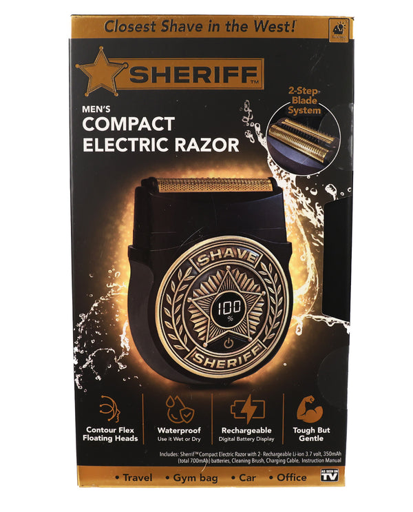 Sheriff Men's Compact Electric Razor in its retail packaging, featuring a black and gold box with product details and a graphic of the black and gold razor head.