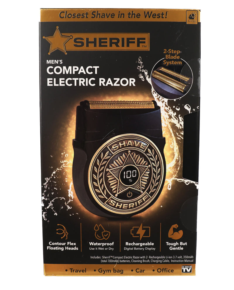 Sheriff Men's Compact Electric Razor in its retail packaging, featuring a black and gold box with product details and a graphic of the black and gold razor head.