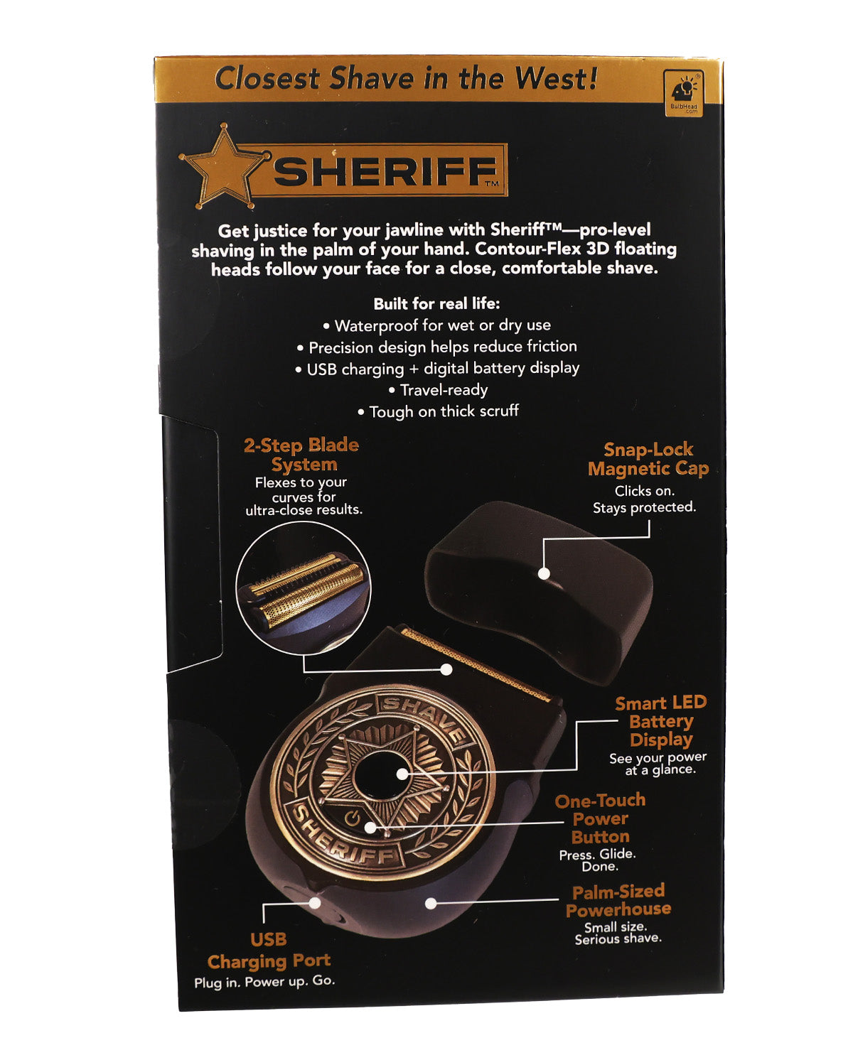 Sheriff brand product packaging box for an electric razor, featuring a black background with product features, specifications, and illustrations of the shaver's blade and accessories.