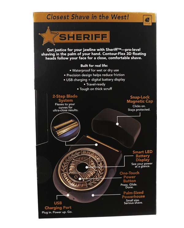 Sheriff brand product packaging box for an electric razor, featuring a black background with product features, specifications, and illustrations of the shaver's blade and accessories.