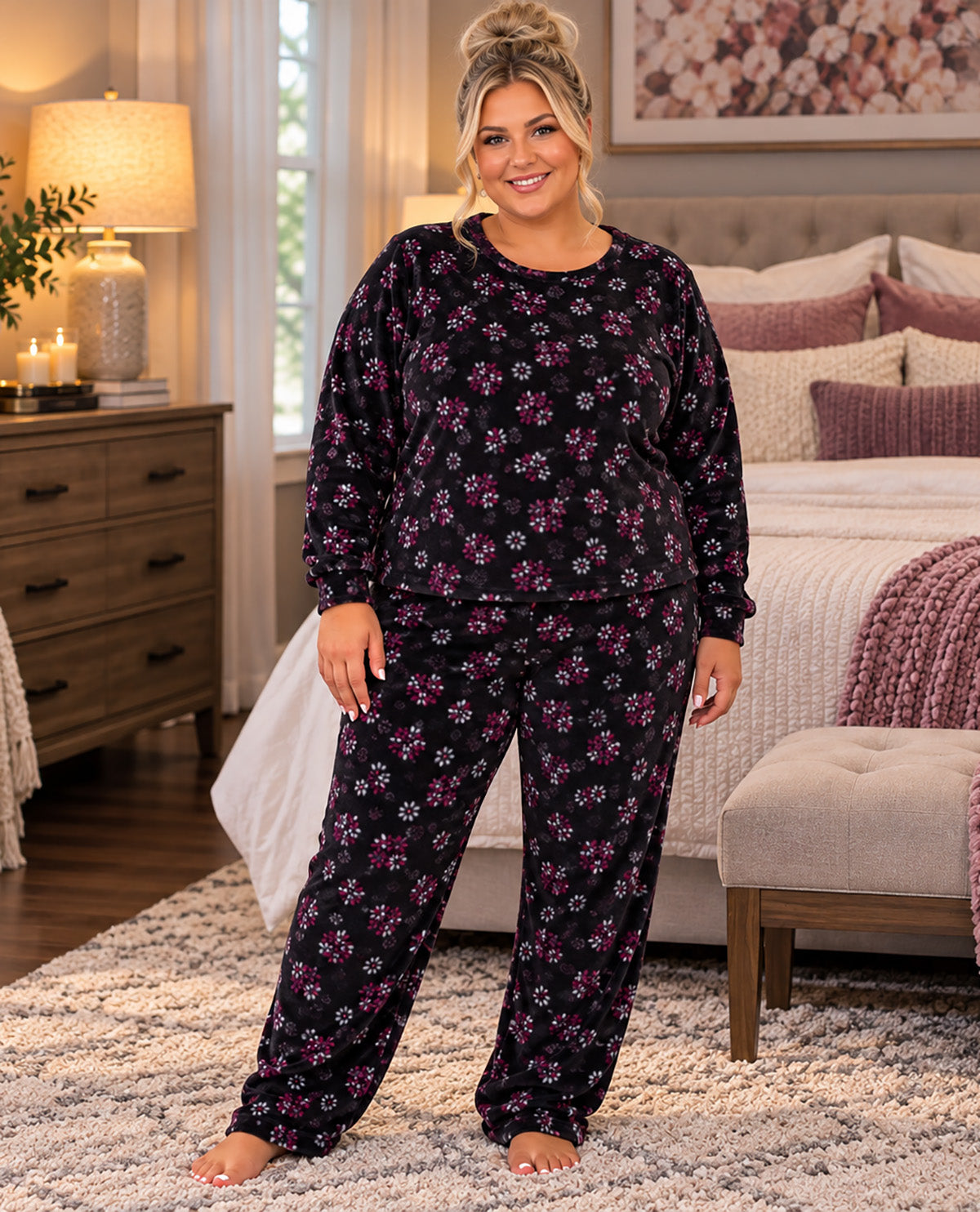 A woman stands barefoot in a bedroom wearing a matching two-piece pajama set with a black background and a purple, pink, and white floral pattern. The set includes a long-sleeve top and matching pants.