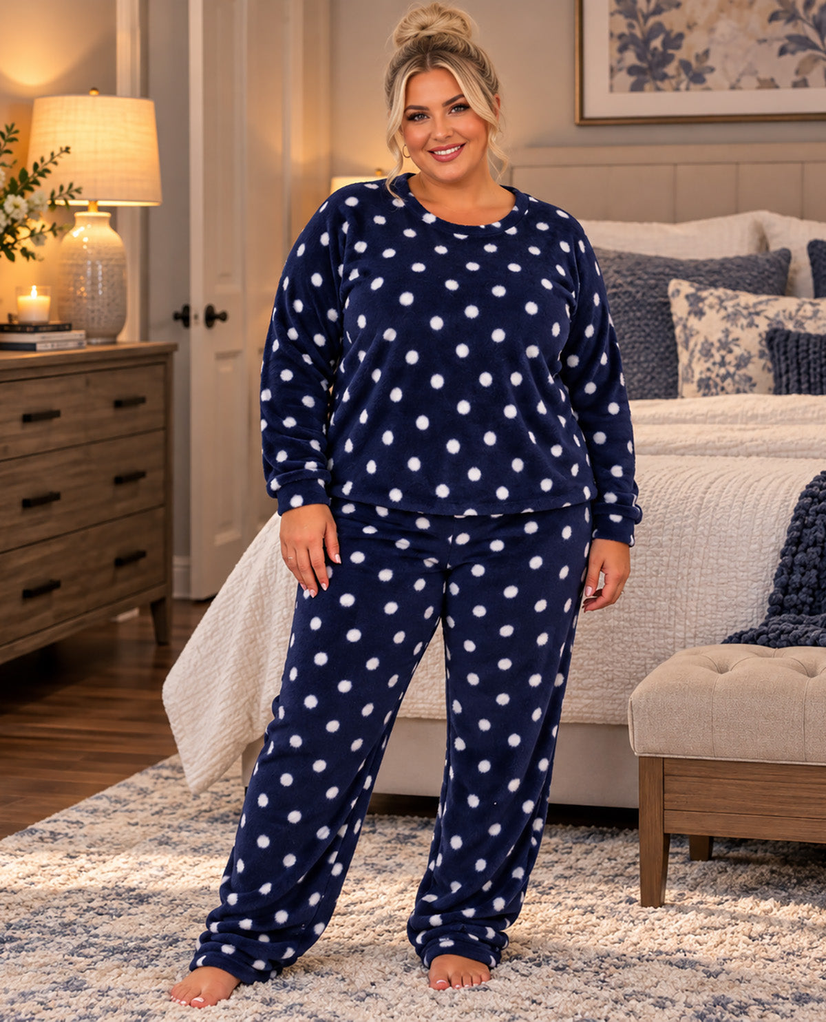 A woman modeling a navy blue and white polka dot fleece pajama set in a cozy bedroom setting.
