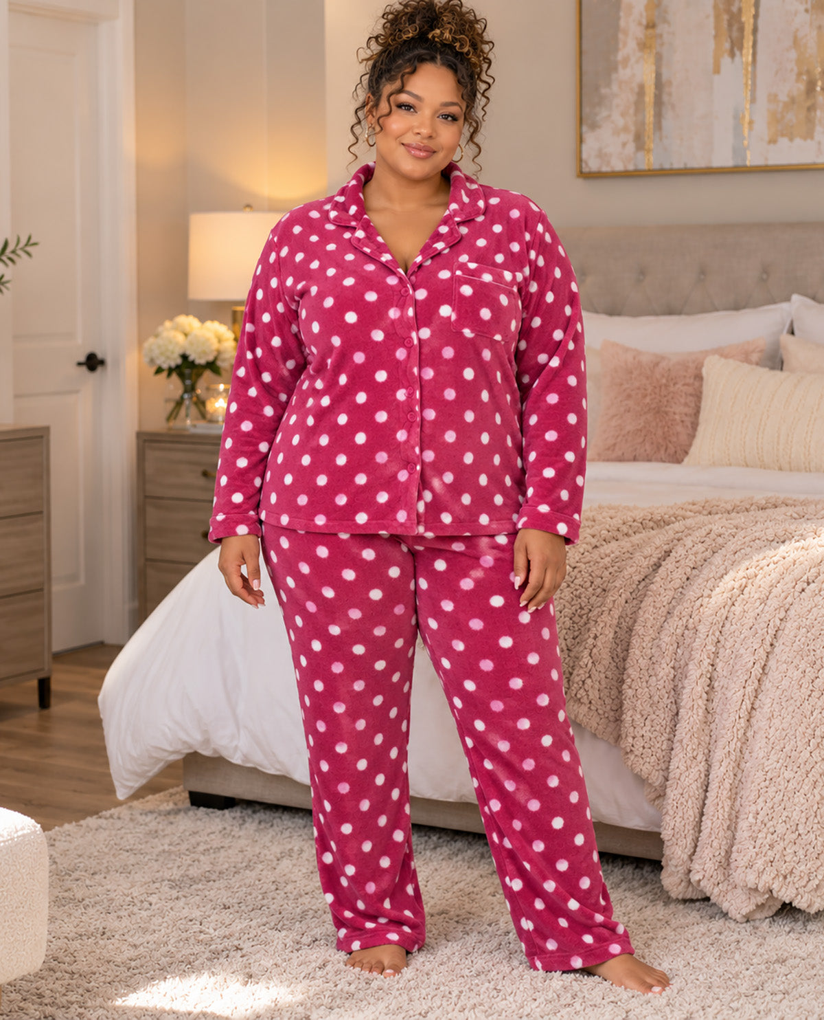 Missy model wearing a two piece long sleeve pj set with a purple polka dot design with a bedroom background