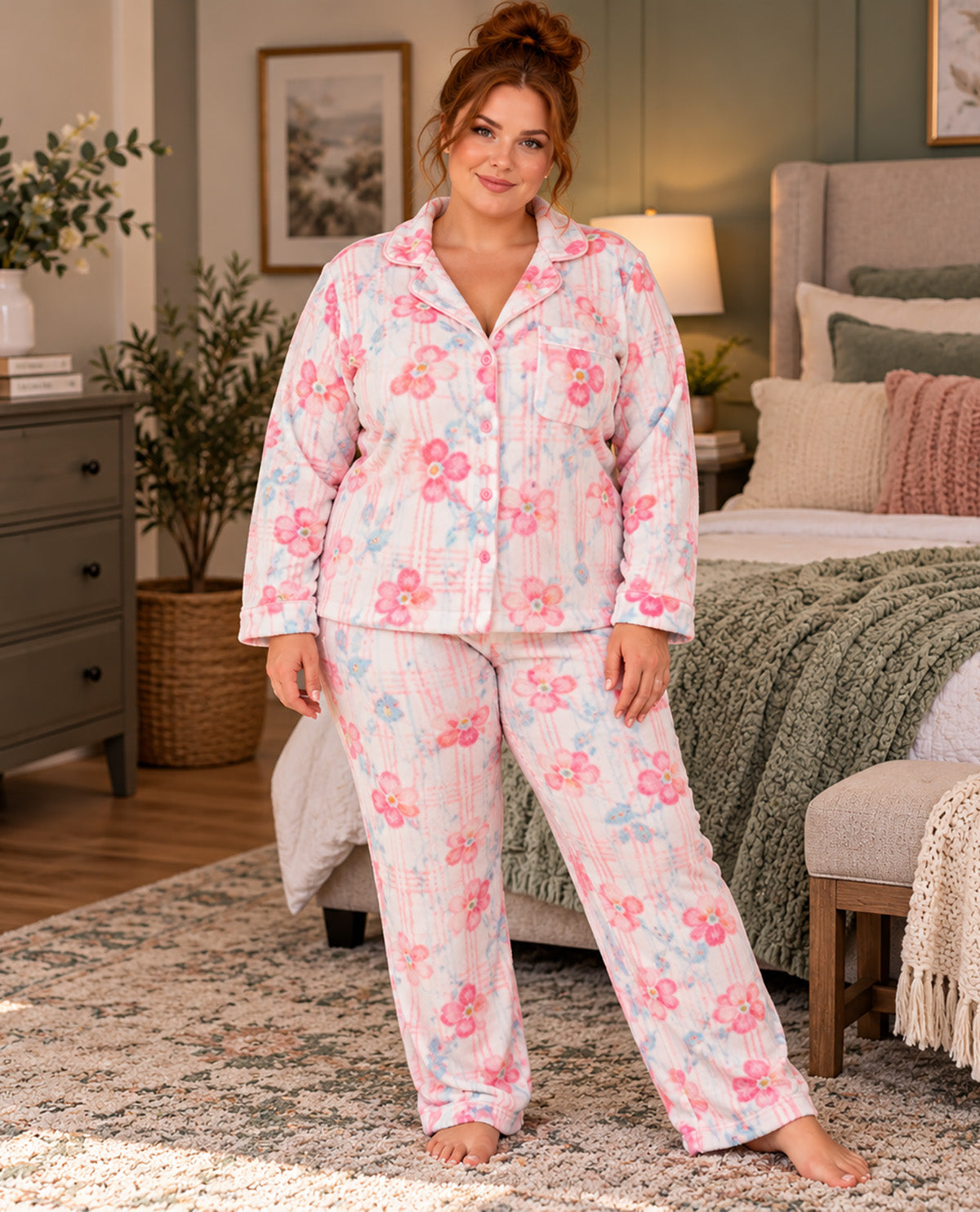 A woman stands barefoot in a bedroom wearing a matching long-sleeve pajama set with a pink, blue, and white floral pattern.