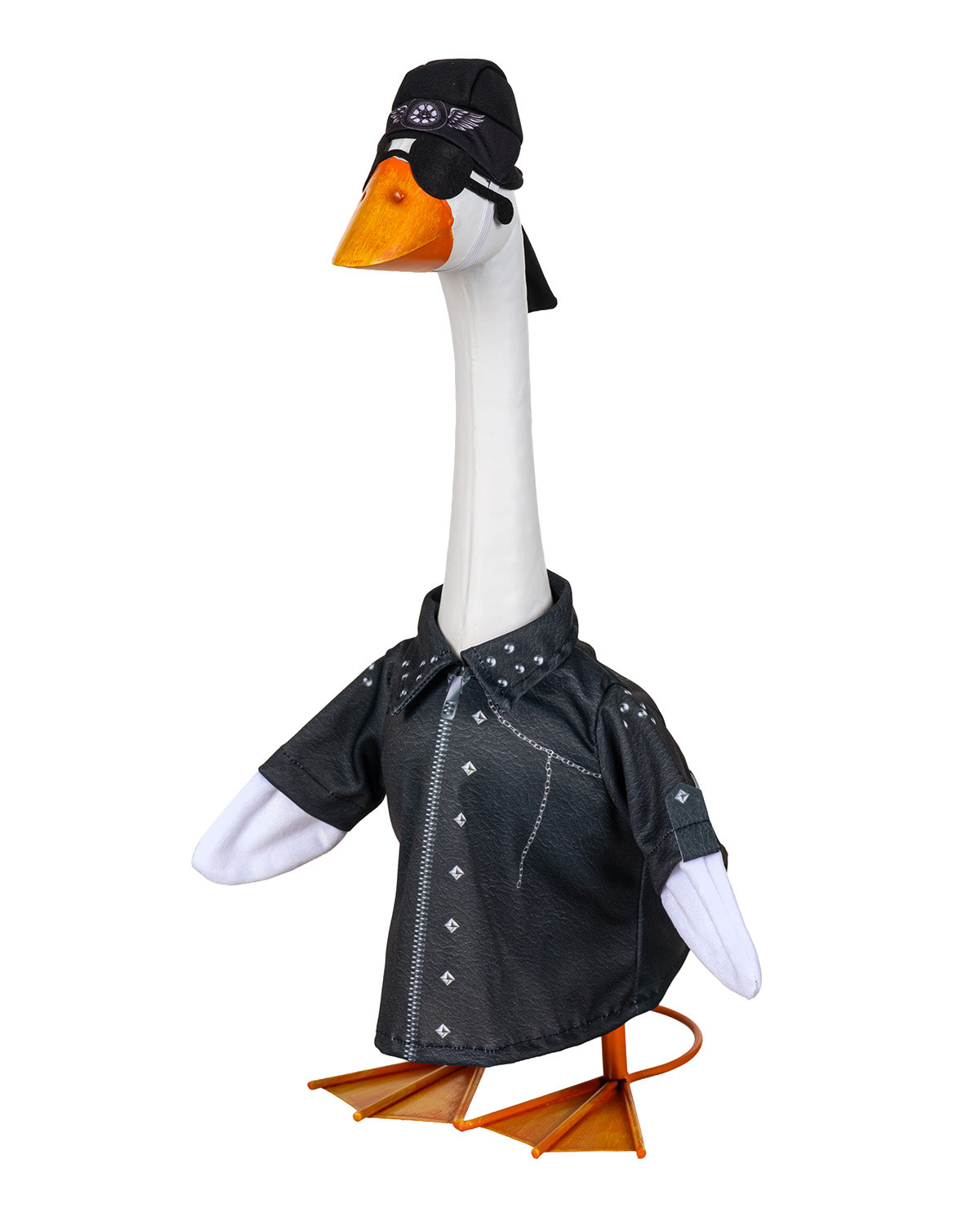 A goose costume featuring a black faux-leather jacket with silver studs and a collar, a black bandana with an eye patch, and orange webbed feet, displayed on a white goose mannequin against a white background.