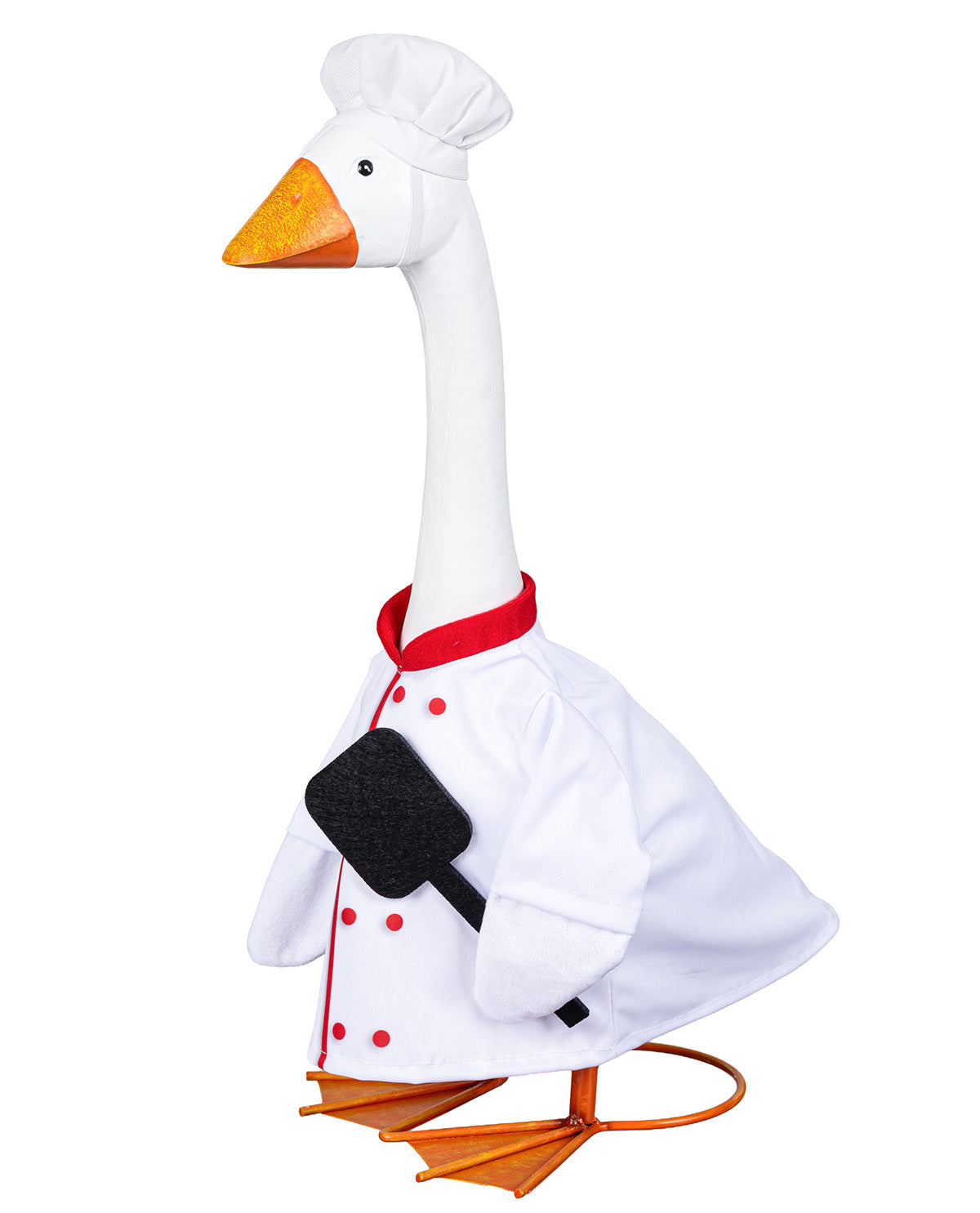 A plush goose-shaped chef costume or plush toy with a white body, orange beak and webbed feet, red trim, and a black spatula accessory, shown on a plain white background.