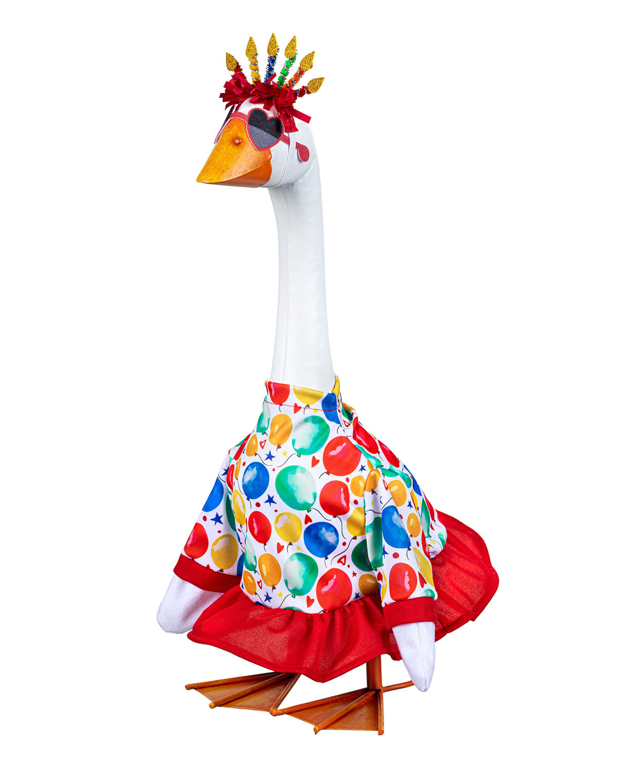 A decorative goose figurine wearing a white dress covered in colorful balloon prints, a red ruffled skirt, and a feathered headdress, shown on a plain white background.