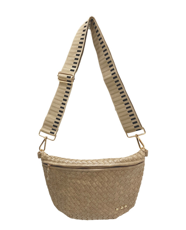 A woven beige crossbody bag with a matching adjustable woven strap featuring black stripes, gold-tone hardware, and a small gold logo on the front.