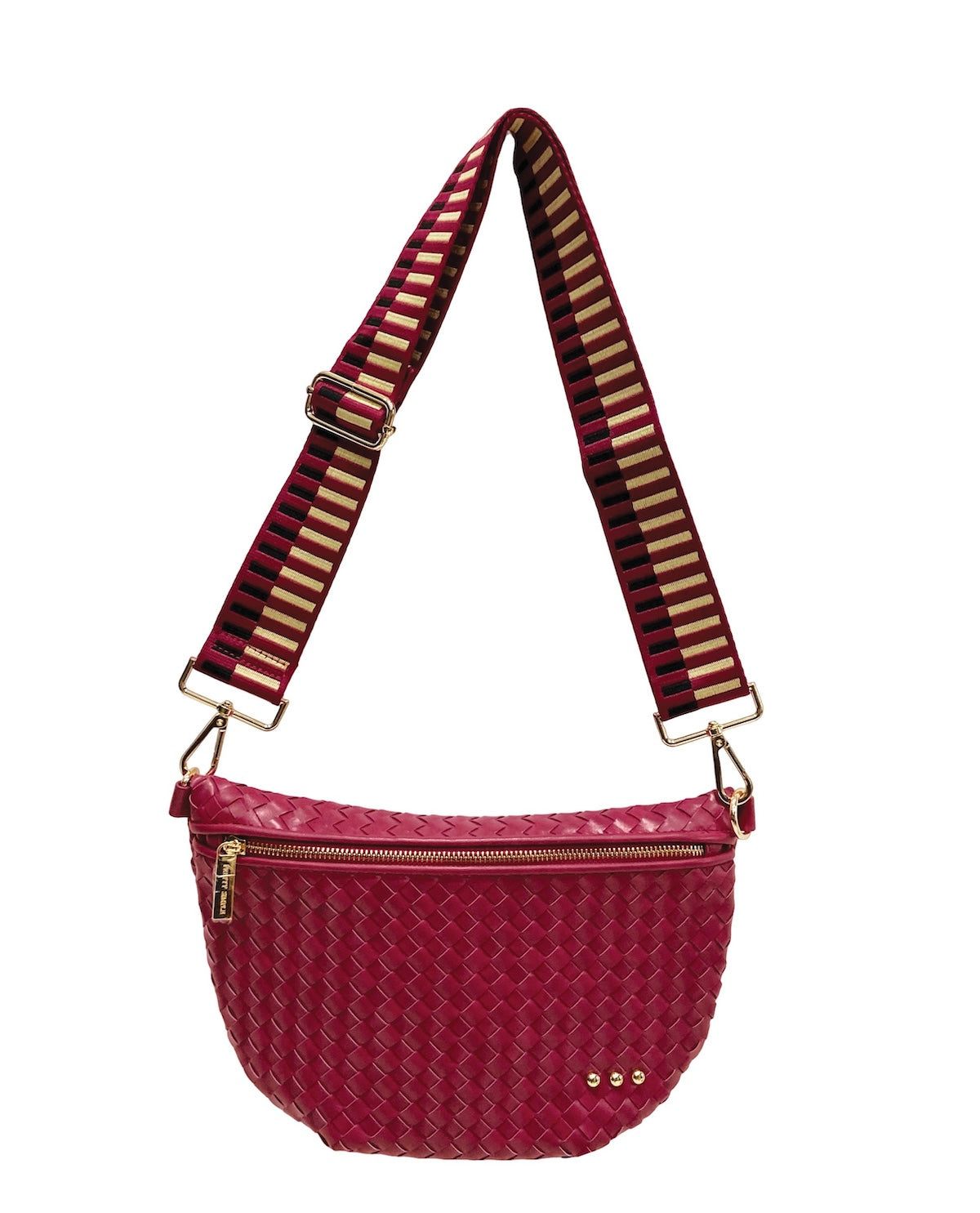 A burgundy woven leather crossbody bag with a matching woven strap featuring red, black, and gold stripes, shown on a plain white background.