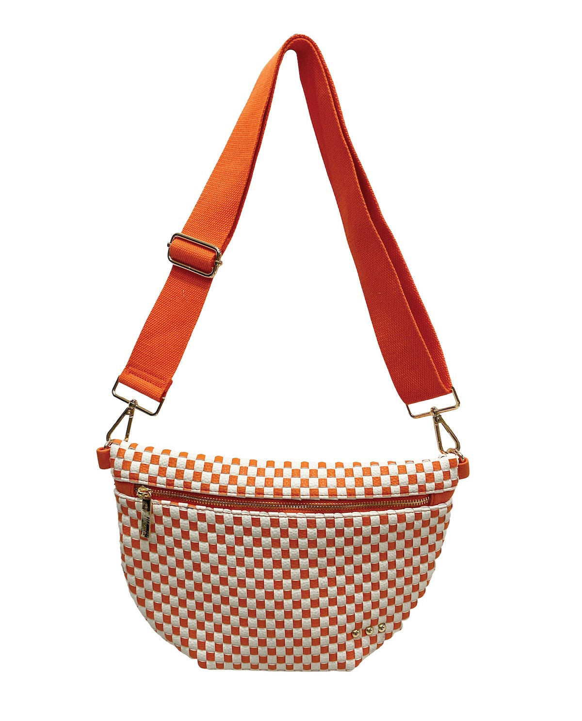 A small orange and white checkered waist bag with a wide orange adjustable shoulder strap, shown on a plain white background.