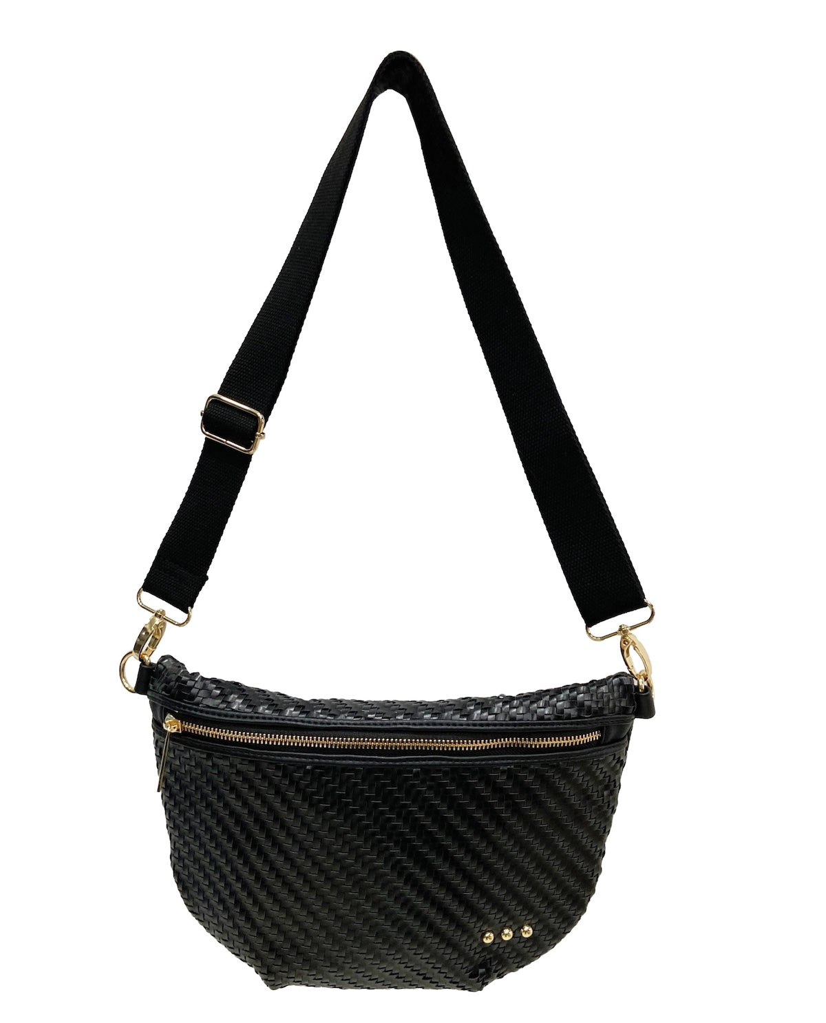 Black woven crossbody bag with a black strap and gold-tone hardware, shown on a plain white background.