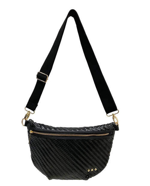 Black woven crossbody bag with a black strap and gold-tone hardware, shown on a plain white background.