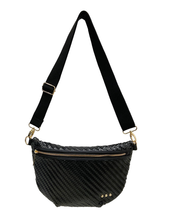 Black woven crossbody bag with a black strap and gold-tone hardware, shown on a plain white background.