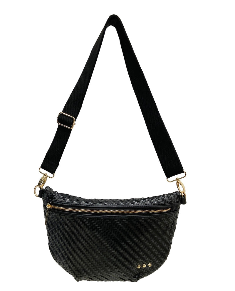 Black woven crossbody bag with a black strap and gold-tone hardware, shown on a plain white background.