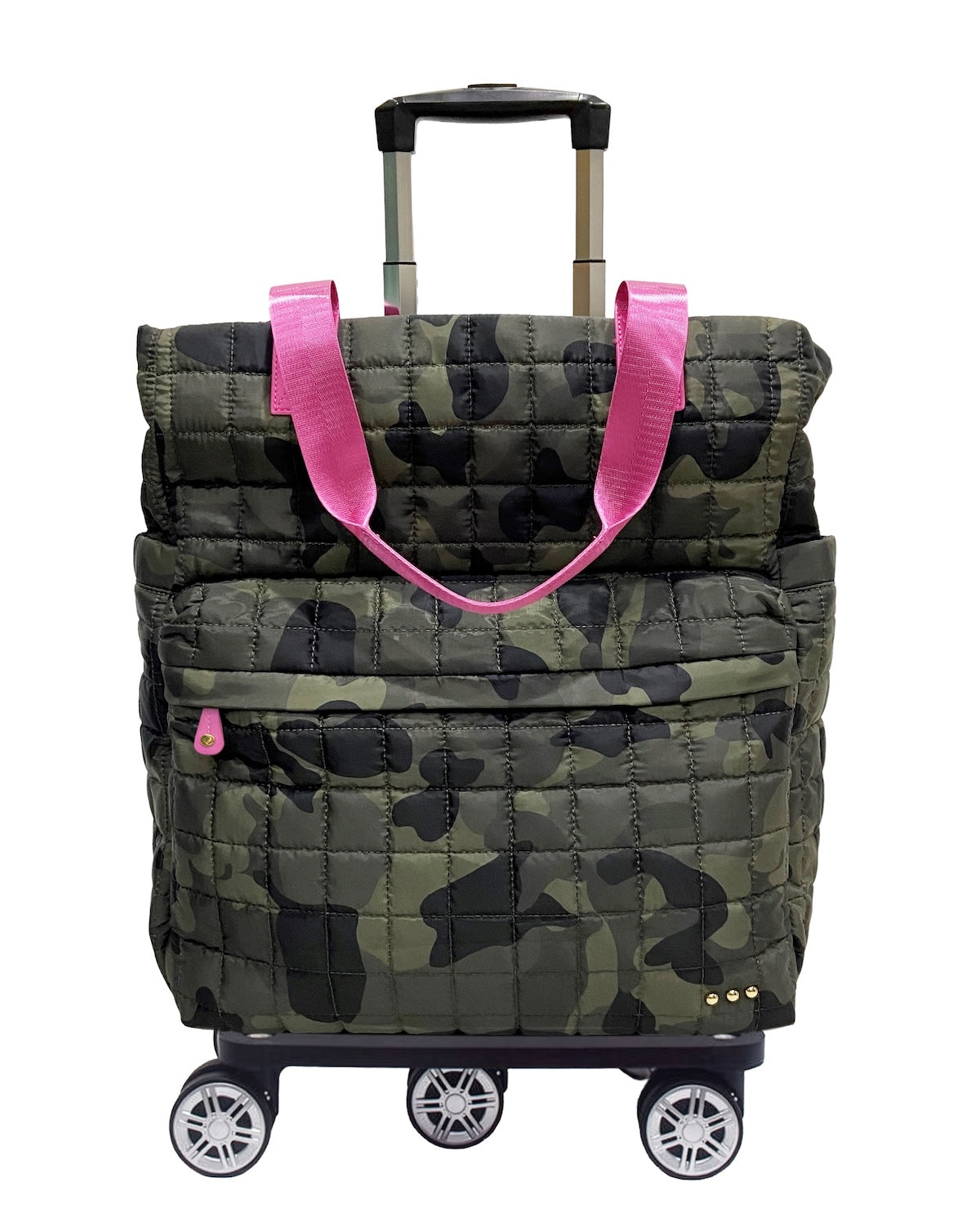 A quilted rolling shopping bag with a green camouflage pattern, featuring bright pink handles and a telescoping handlebar on a white background.