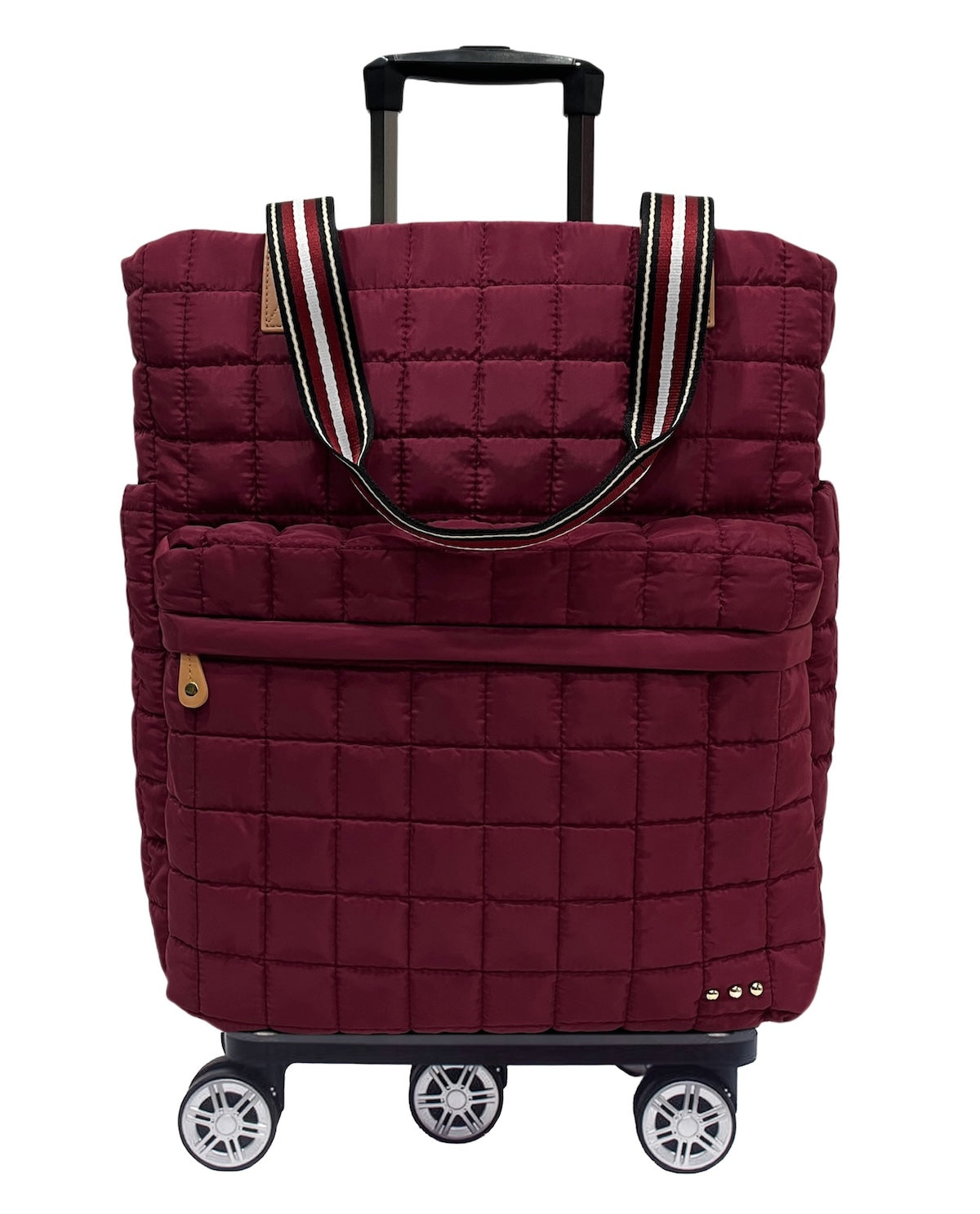 A burgundy quilted rolling tote bag with an extended black telescoping handle and four spinner wheels, shown on a plain white background.
