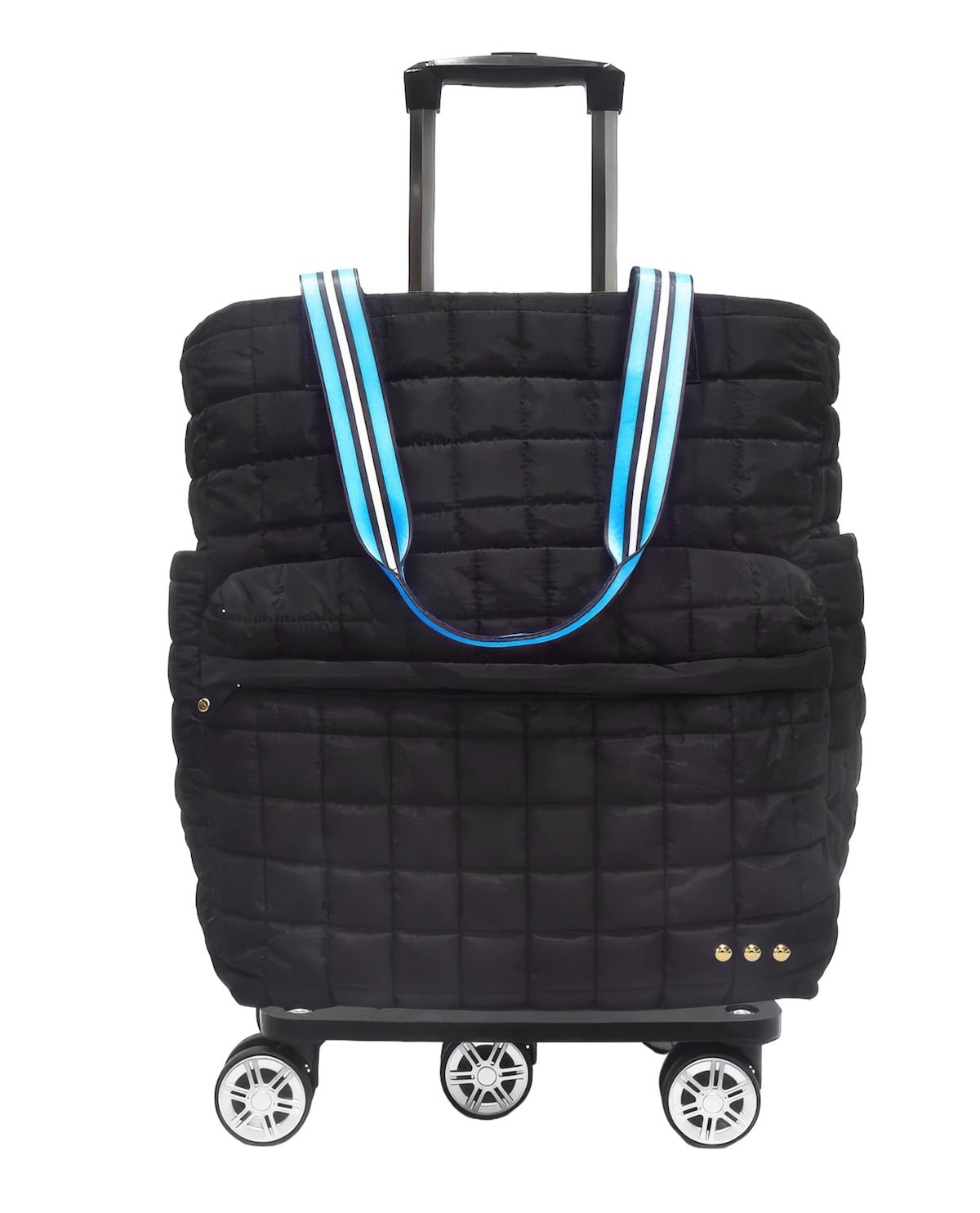 A black quilted rolling suitcase with an integrated tote bag, featuring light blue, white, and black striped handles, a telescoping handle, and four spinner wheels.