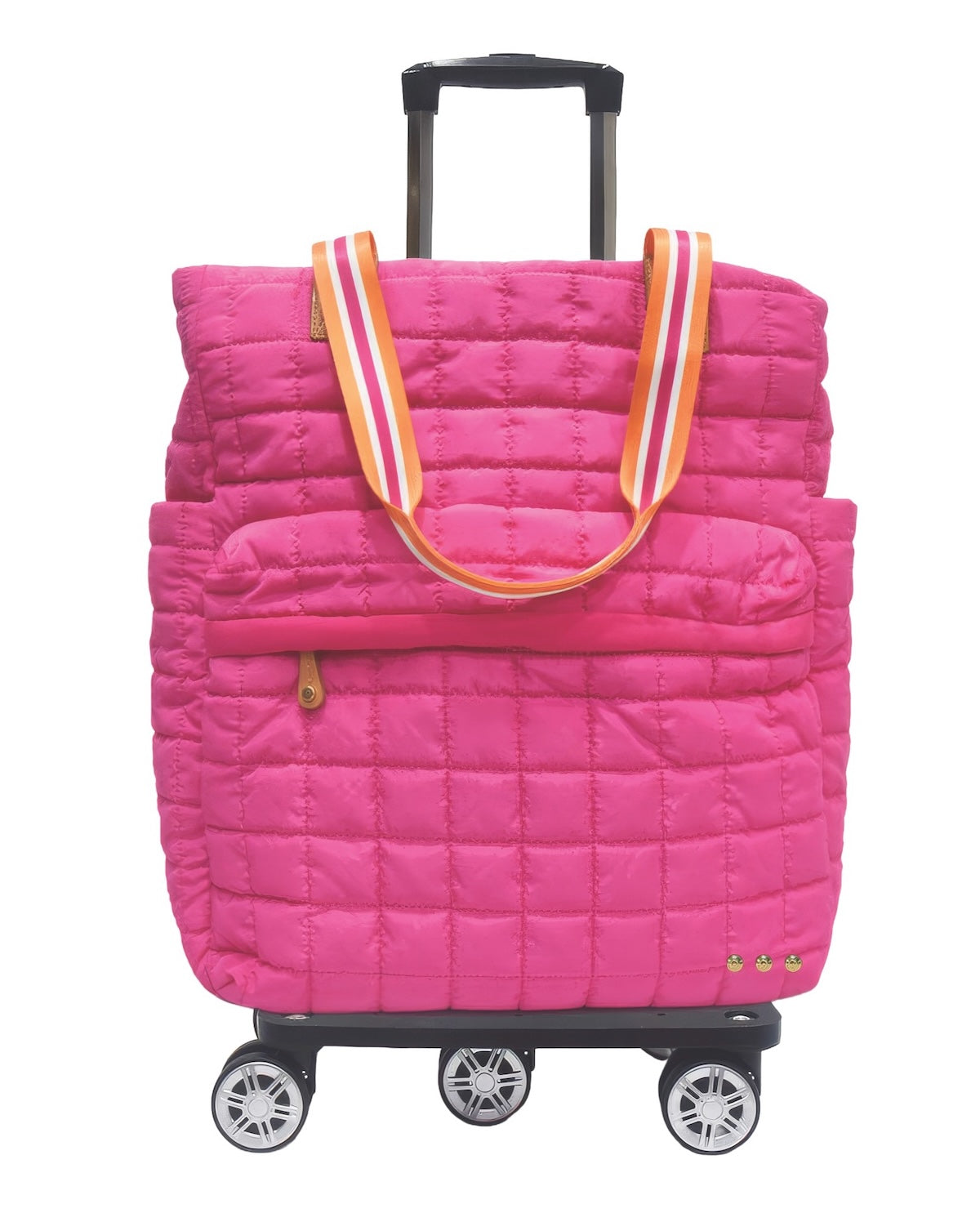 A bright pink quilted rolling tote bag with an extended black telescoping handle and four spinner wheels, featuring dual shoulder straps with orange, white, and pink stripes.