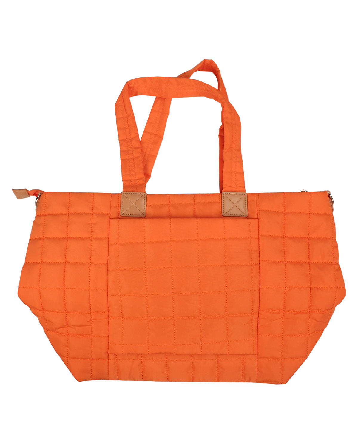 An orange quilted tote bag with dual shoulder straps and tan leather-like corner accents, shown against a plain white background.