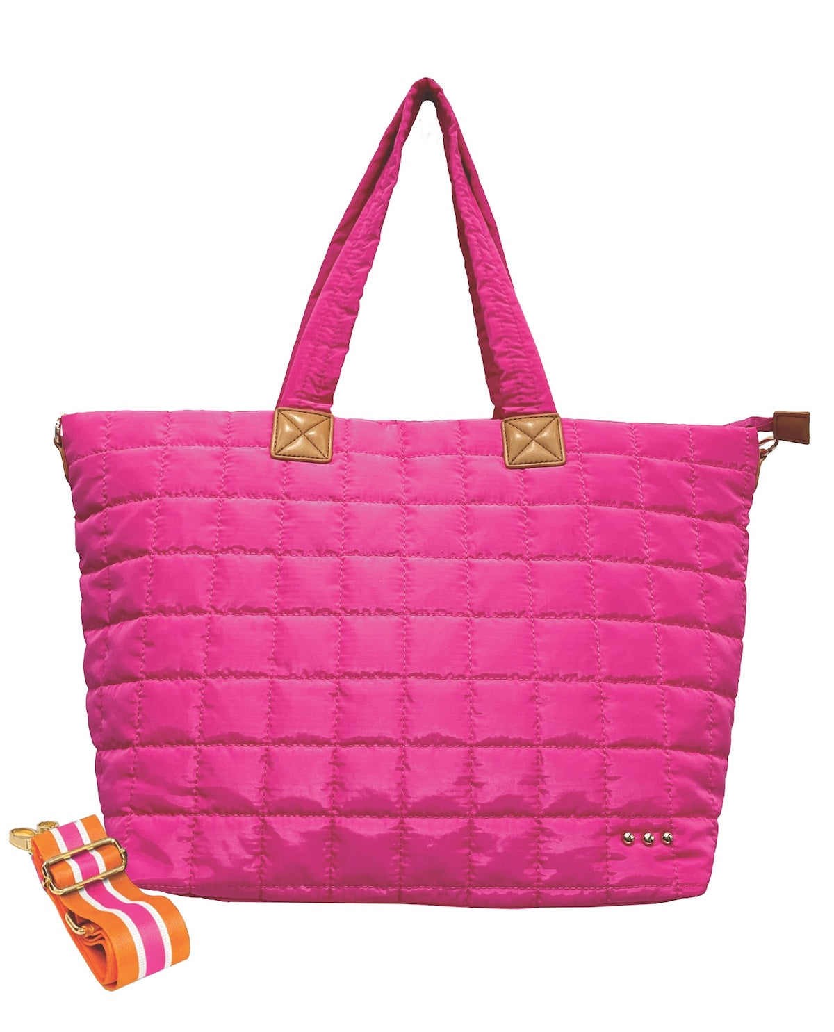 A bright pink quilted puffer tote bag with gold-tone hardware, dual top handles, and a striped detachable shoulder strap shown in the lower left corner, set against a plain white background.