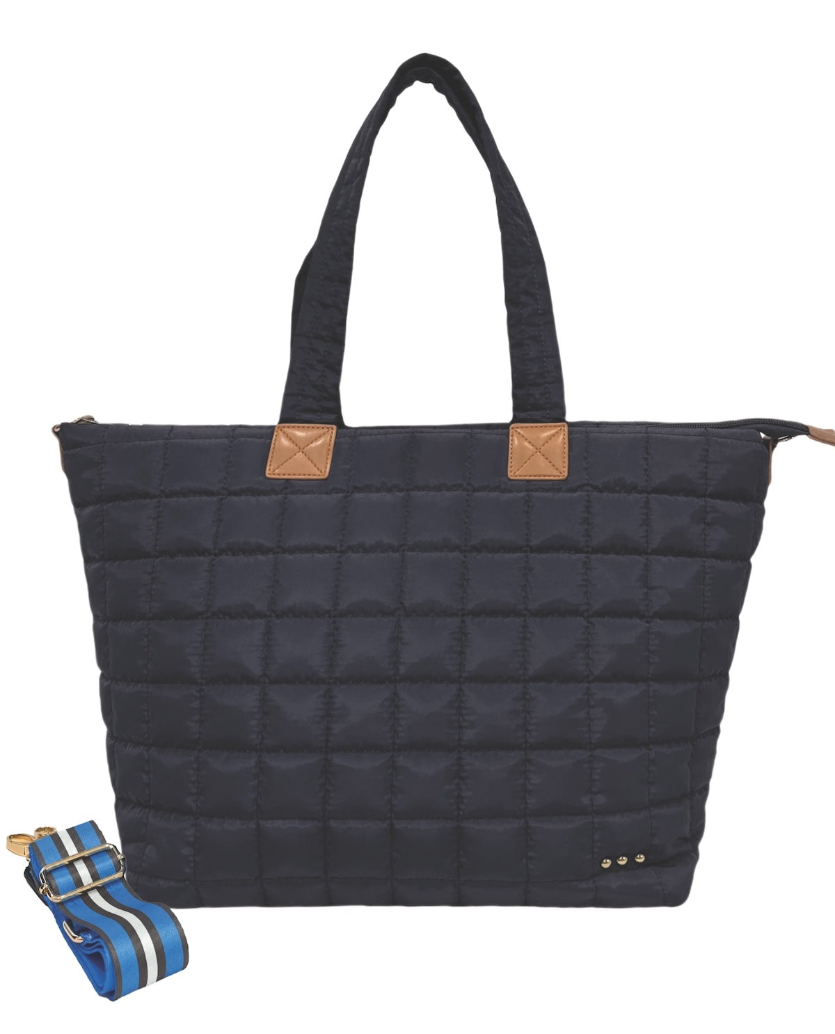 A black quilted nylon tote bag with brown leather accents on the handles and a blue striped detachable shoulder strap, shown on a plain white background.