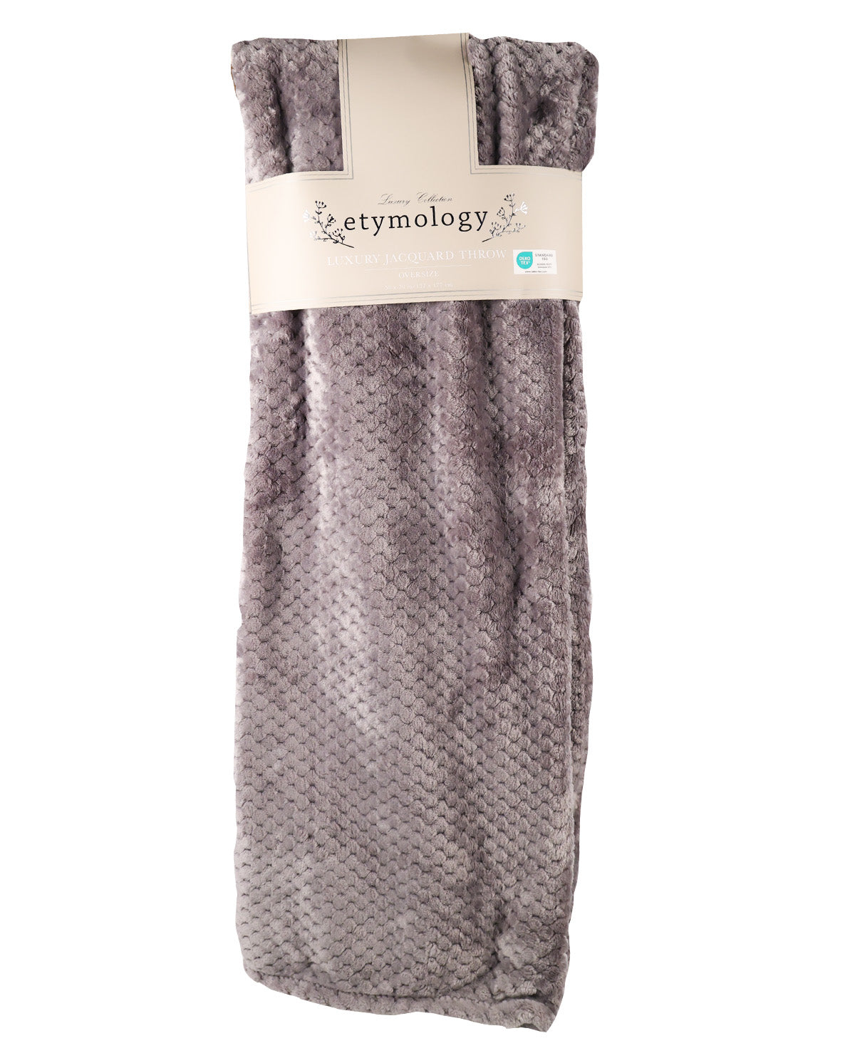 A folded gray textured blanket with a cream paper band label that reads 'etymology' on a plain white background.