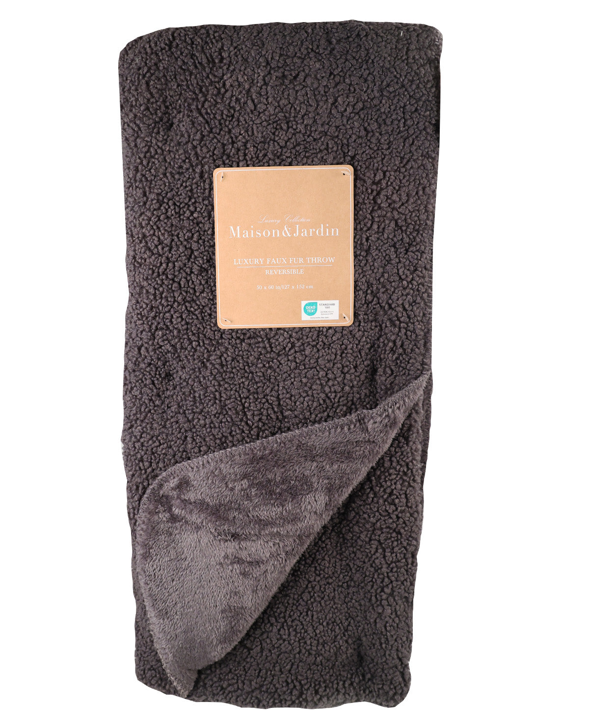 A folded dark brown sherpa fleece blanket with a tan paper label on a white background.