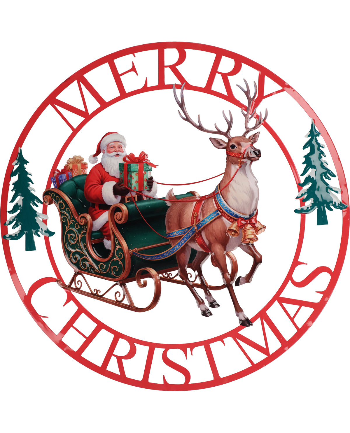 A circular red metal Christmas sign featuring Santa Claus in a sleigh pulled by a brown reindeer, with green trees and the words 'MERRY CHRISTMAS' in red lettering on a white background.