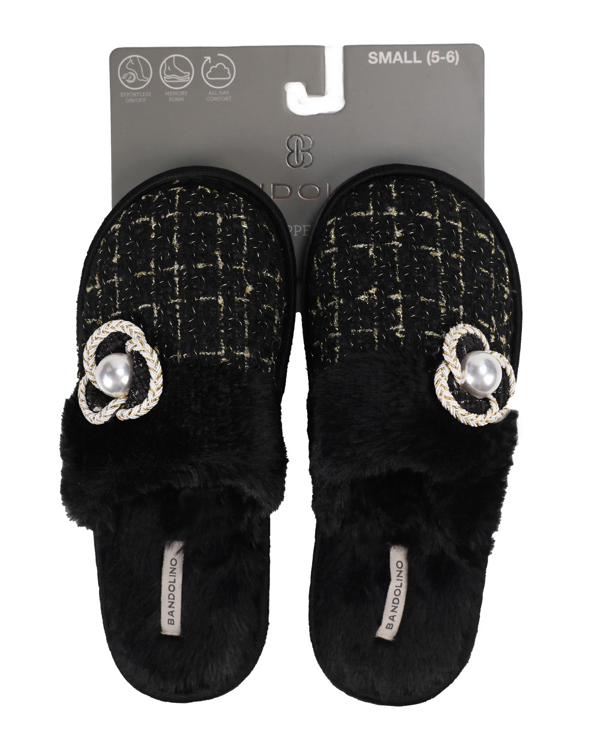 A pair of black slippers with a black and gold tweed pattern, plush black faux fur trim, and a decorative silver-tone double-ring charm with a pearl center, shown on their gray retail backing card.