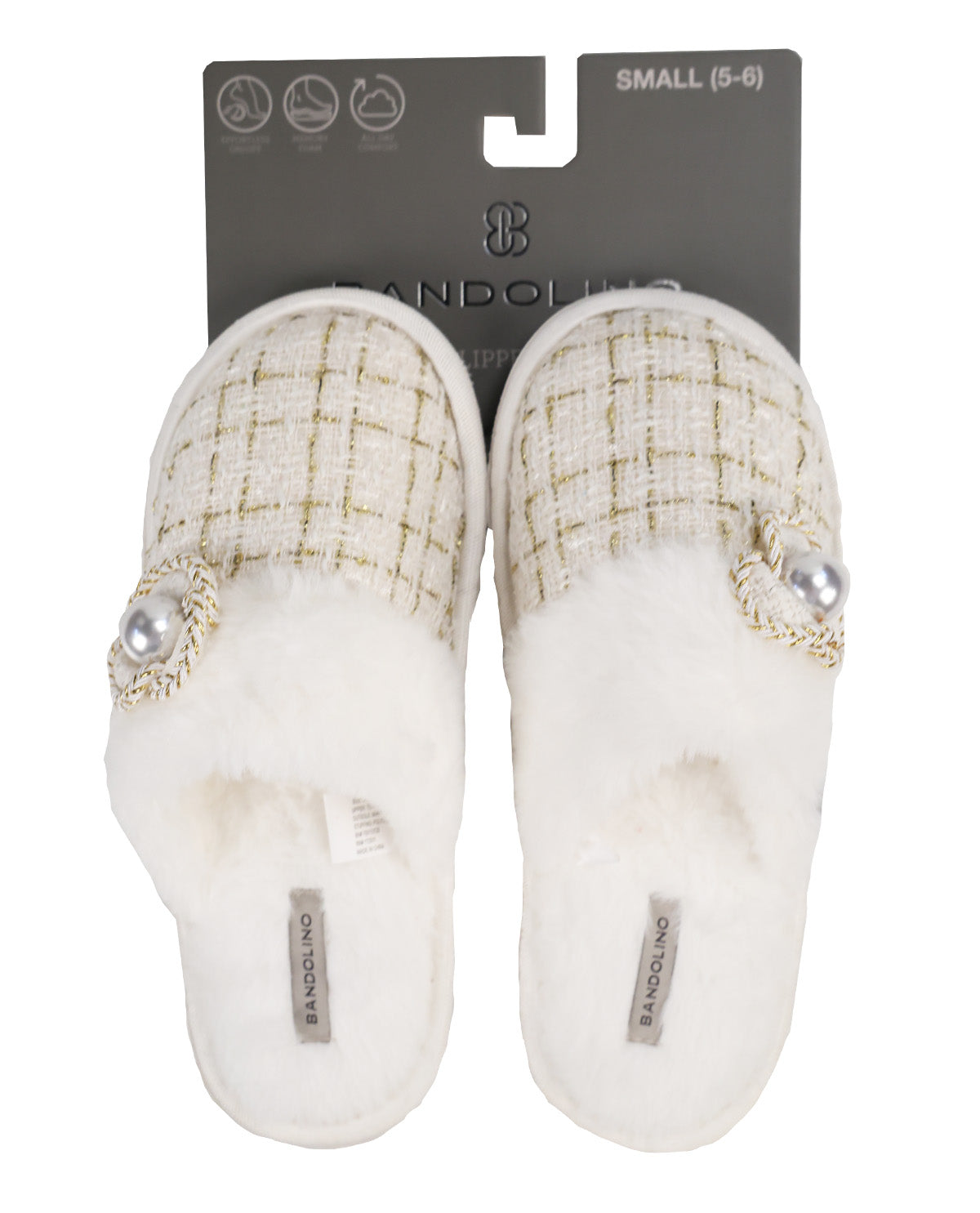 A pair of Sandolino slippers for sizes 5-6, featuring a cream and gold tweed upper, white faux fur lining, and a decorative pearl embellishment on the side, shown with their original dark gray packaging card against a white background.