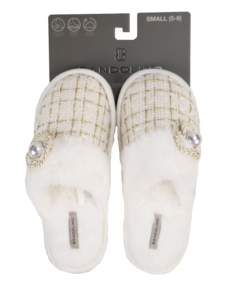 A pair of Sandolino slippers for sizes 5-6, featuring a cream and gold tweed upper, white faux fur lining, and a decorative pearl embellishment on the side, shown with their original dark gray packaging card against a white background.