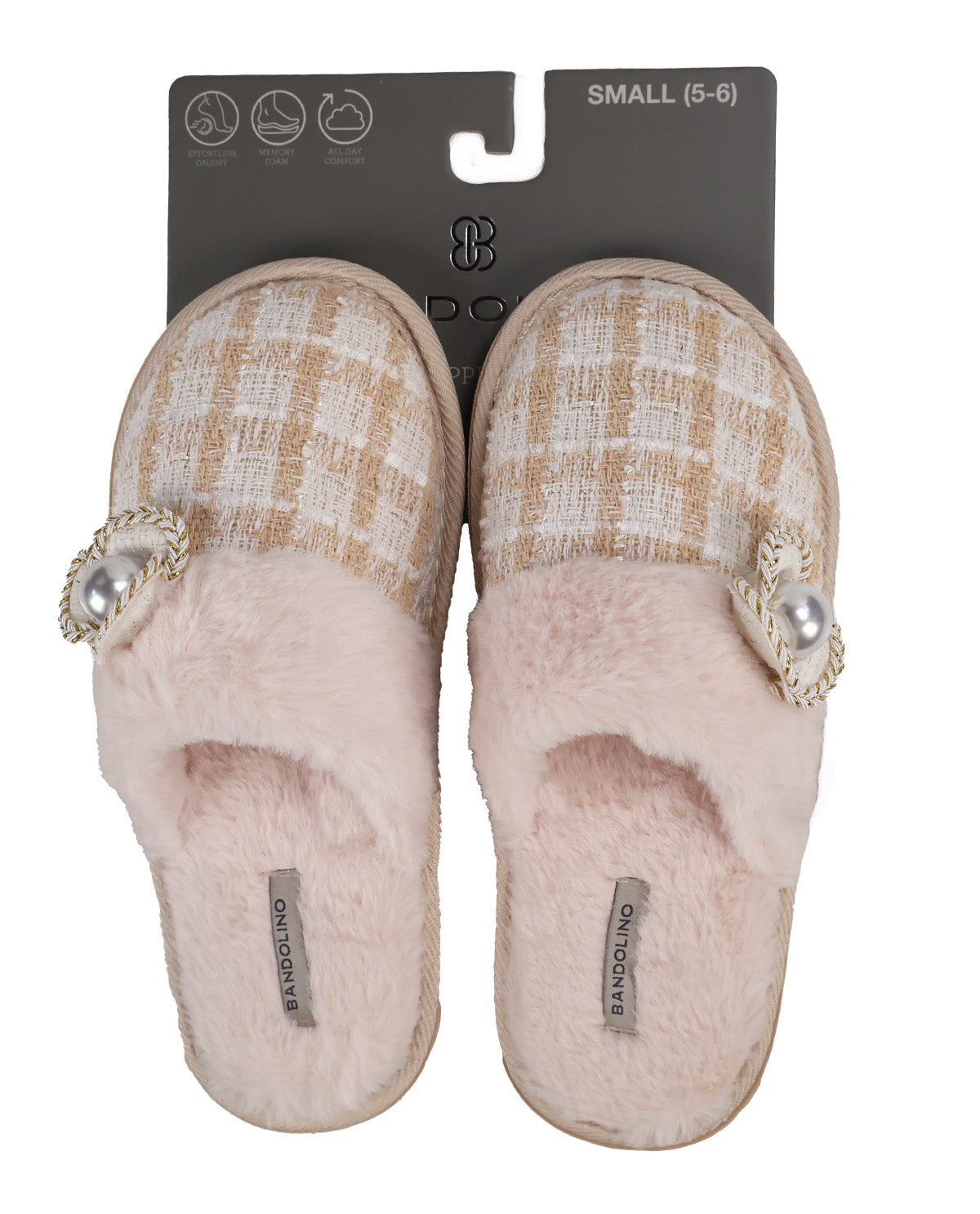 A pair of children's slip-on slippers in beige and white checkered fabric with soft pink faux fur lining, decorated with pearl-like embellishments, shown on a black retail hanger against a white background.
