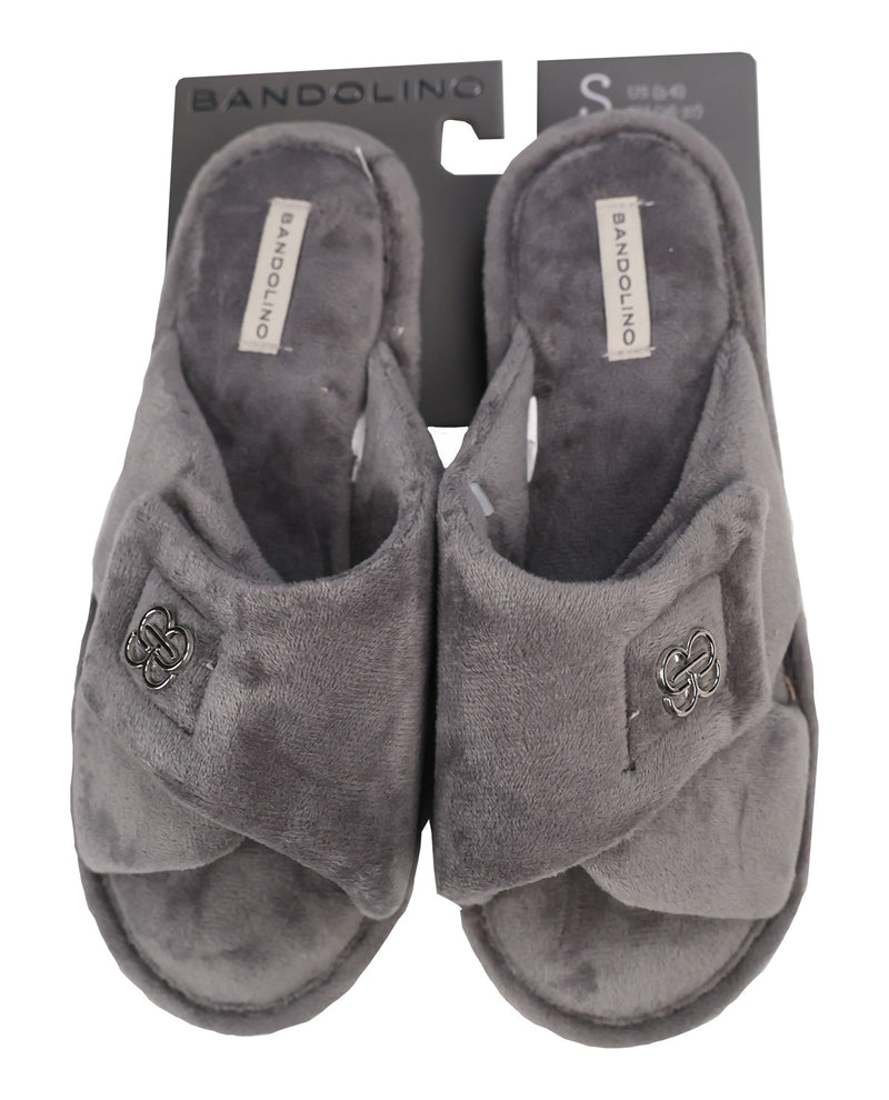 A pair of gray plush open-toe slip-on slippers with decorative metal hardware on the sides, shown on a black retail hanger against a white background.