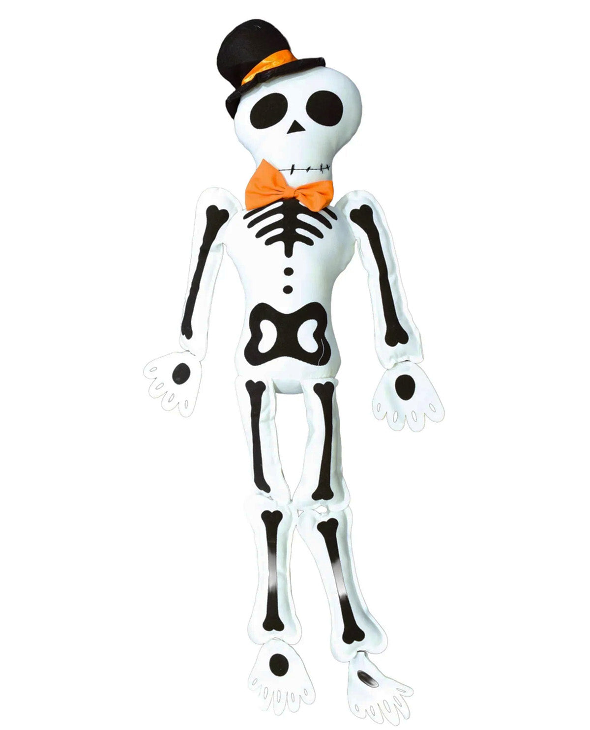 A skeleton-shaped Halloween decoration or inflatable figure standing upright on a plain white background. It is white with black skeletal detailing, a black top hat with an orange band, and an orange bow tie.